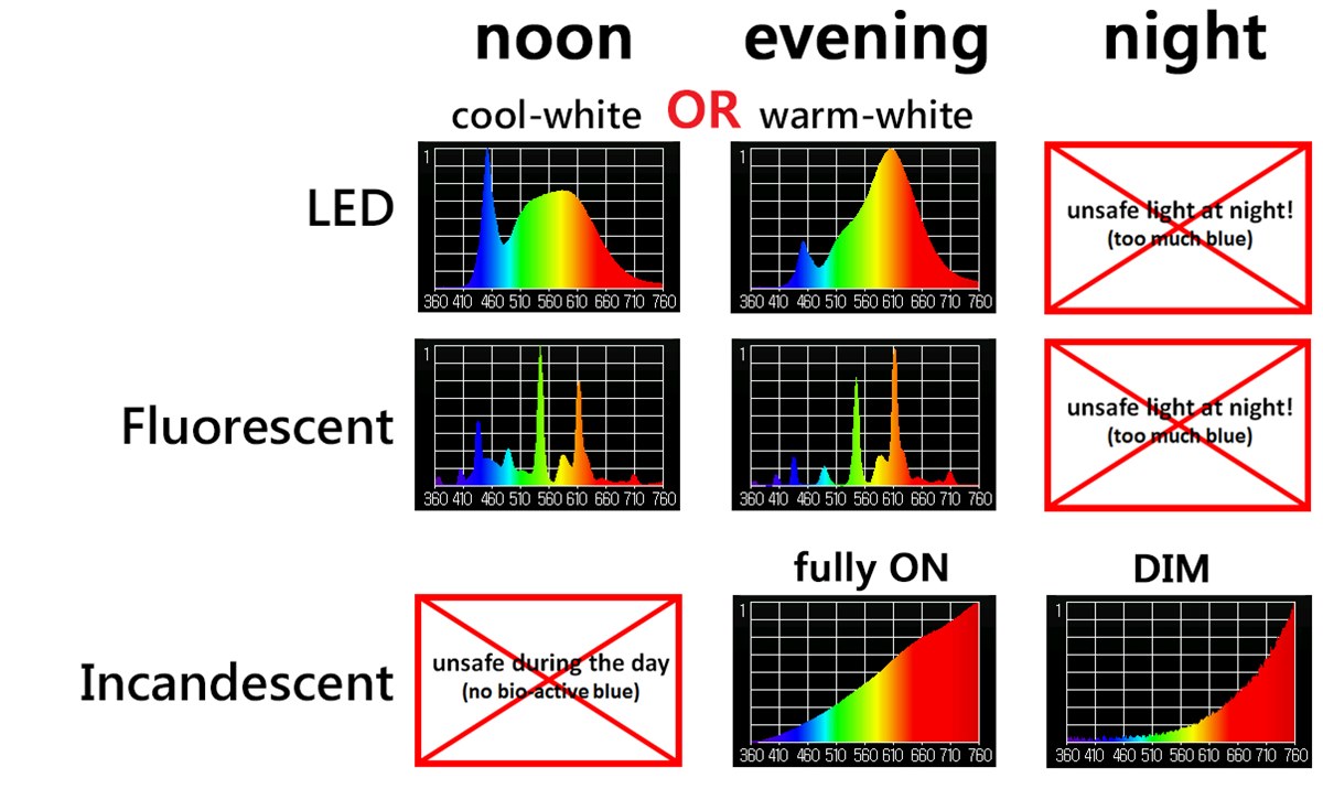 the light spectrum from LEDs, Fluorescents and Incandescents does not change with the time of day